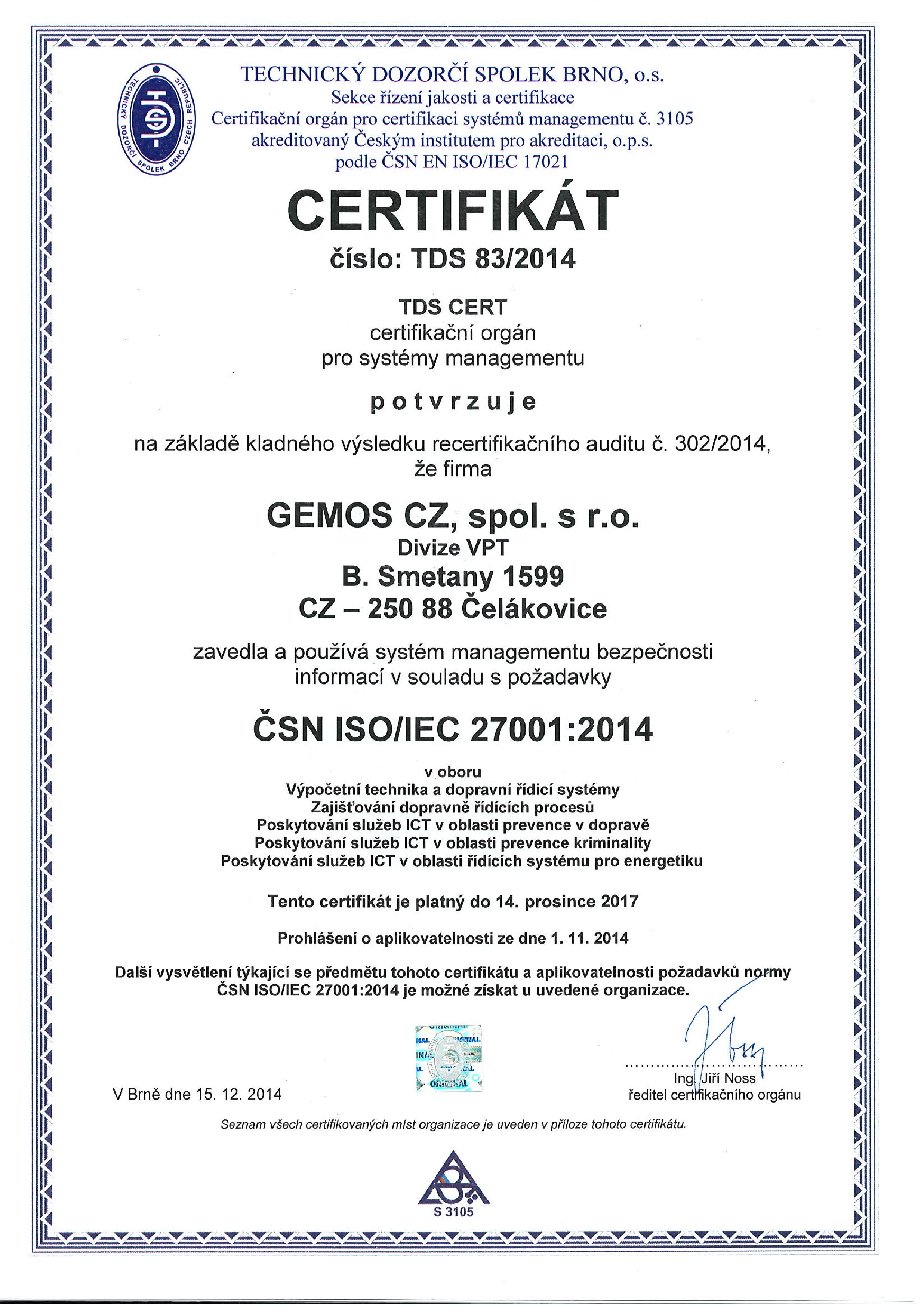  Certificate ČSN ISO/IEC 27001 granted to GEMOS CZ company 